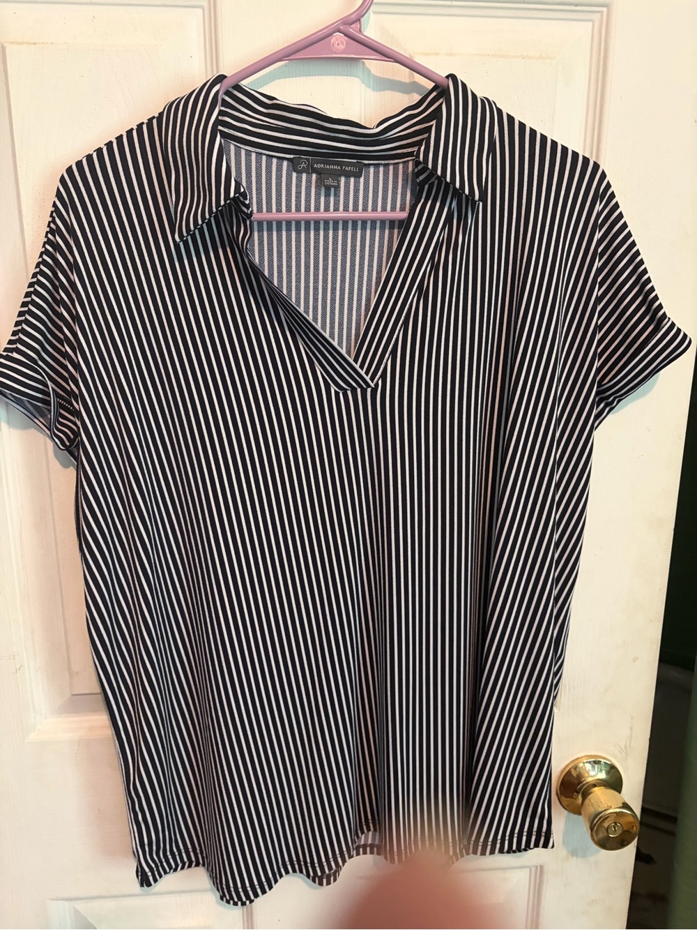 Adrianna Papell Black and White Vertical Stripe V-Neck Polo Blouse